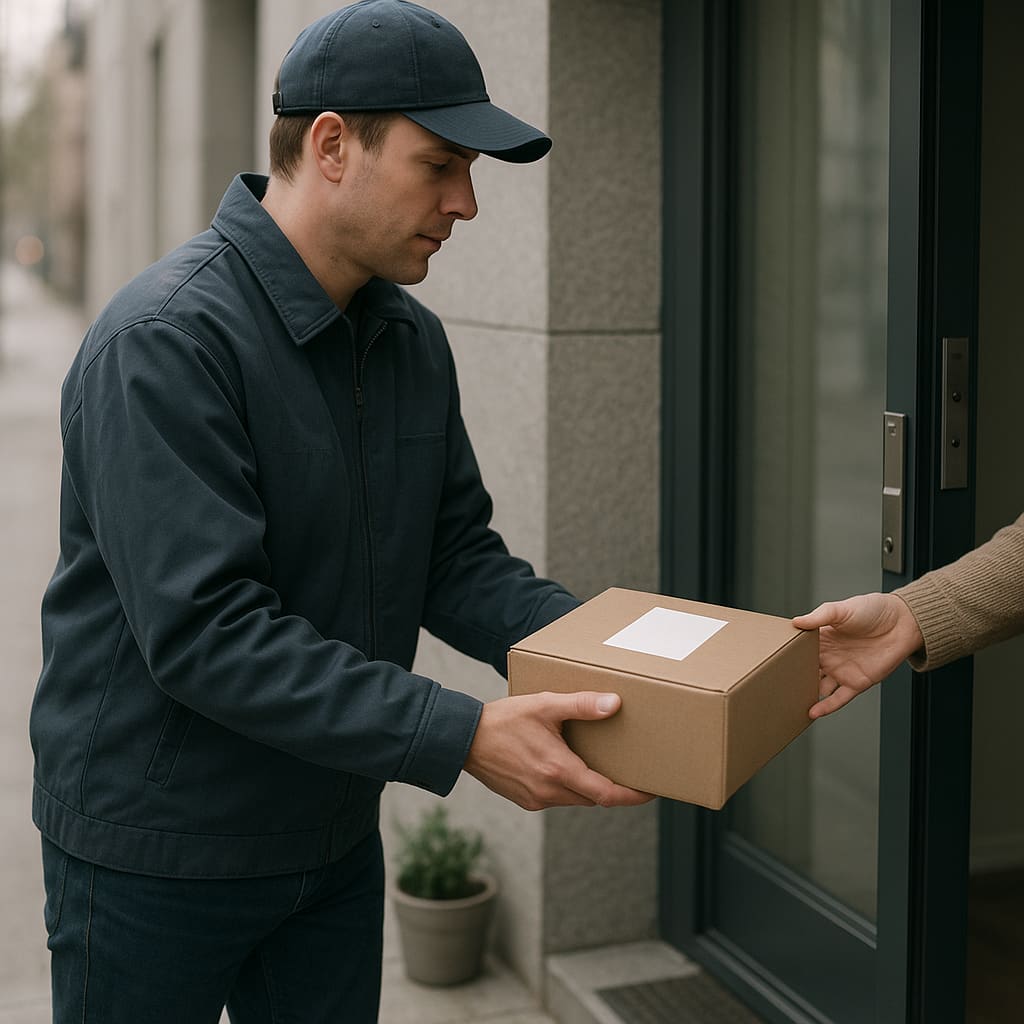 Kurier liefert Paket an Wohnungstür