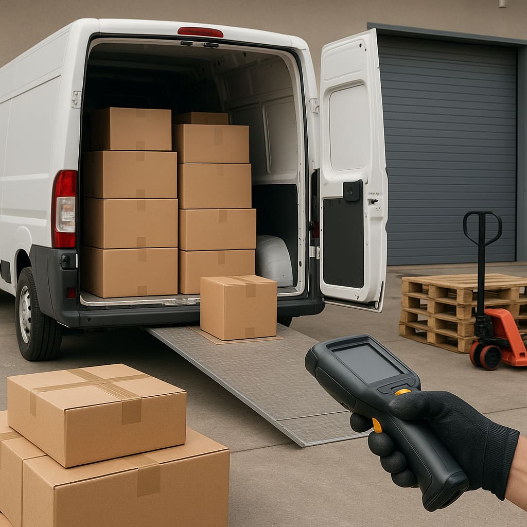 Lieferwagen an Rückeingang eines Geschäfts
